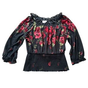 Floral ruffle neckline Blouse black sheer sleeves smoked waist size medium